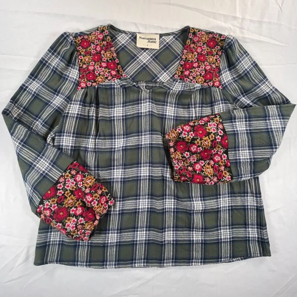 Savanna Jane Plaid Floral Embroidered Peasant Blouse L Green Cottagecore Boho